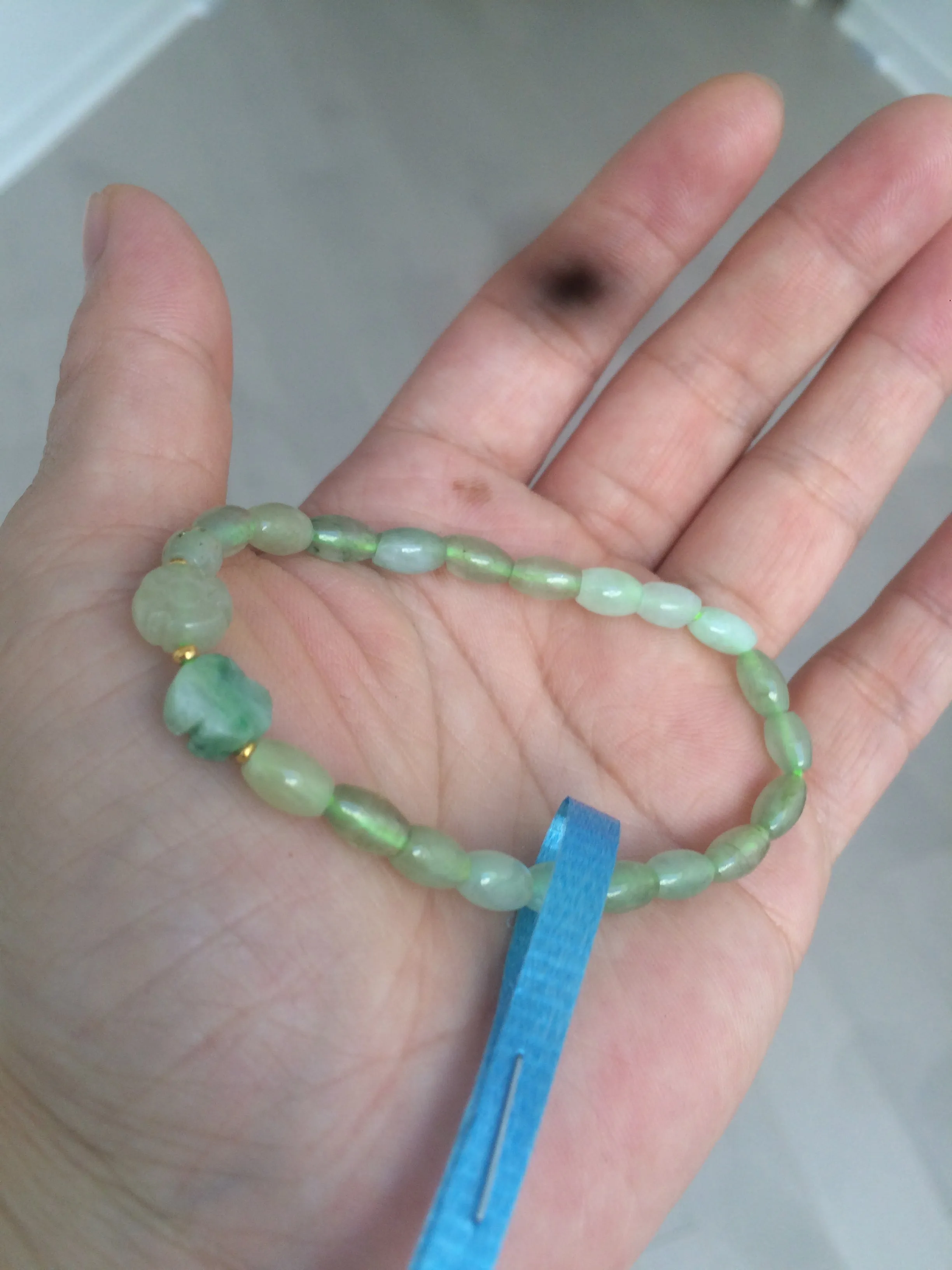 100% natural green/white Icy watery type A jadeite jade olive ancient Chinese coin/four-leaf clover bead bracelet  AS32