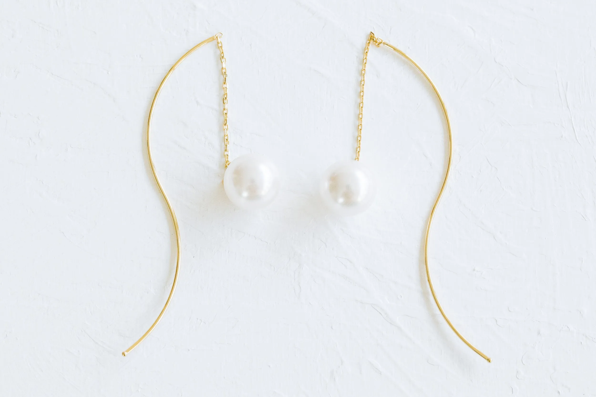925 Sterling Silver Ear Studs Curved Long Wire Pin Dangling Simulated Pearl Cahin Earrings