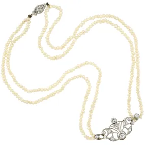 Edwardian 14kt/Platinum Seed Pearl   Diamond Centerpiece Necklace