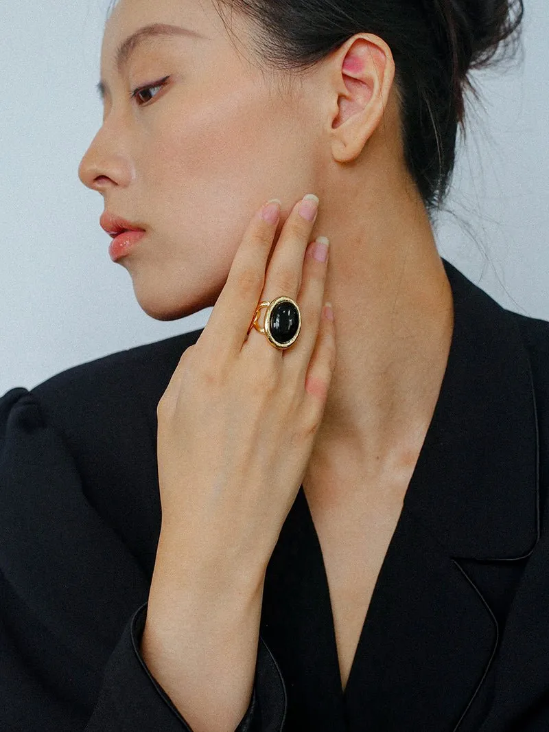Fashion Oval Black Agate Open Ring