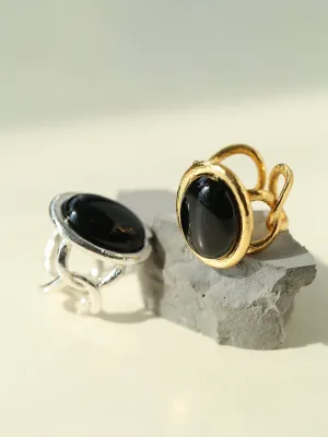 Fashion Oval Black Agate Open Ring