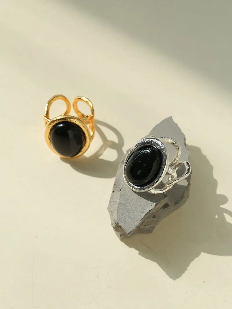 Fashion Oval Black Agate Open Ring