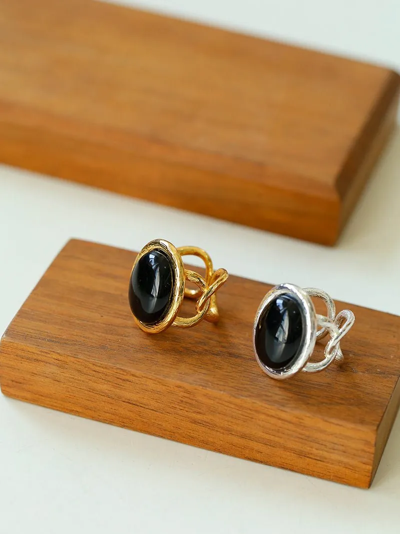 Fashion Oval Black Agate Open Ring