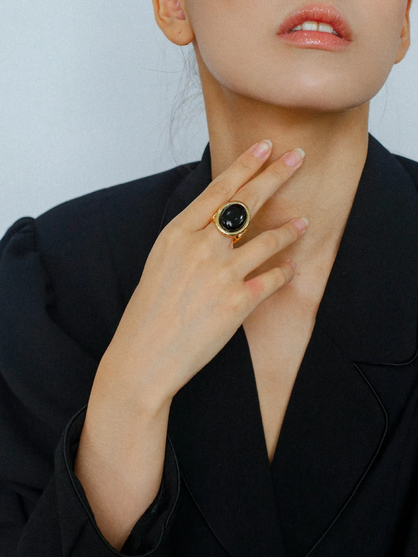 Fashion Oval Black Agate Open Ring