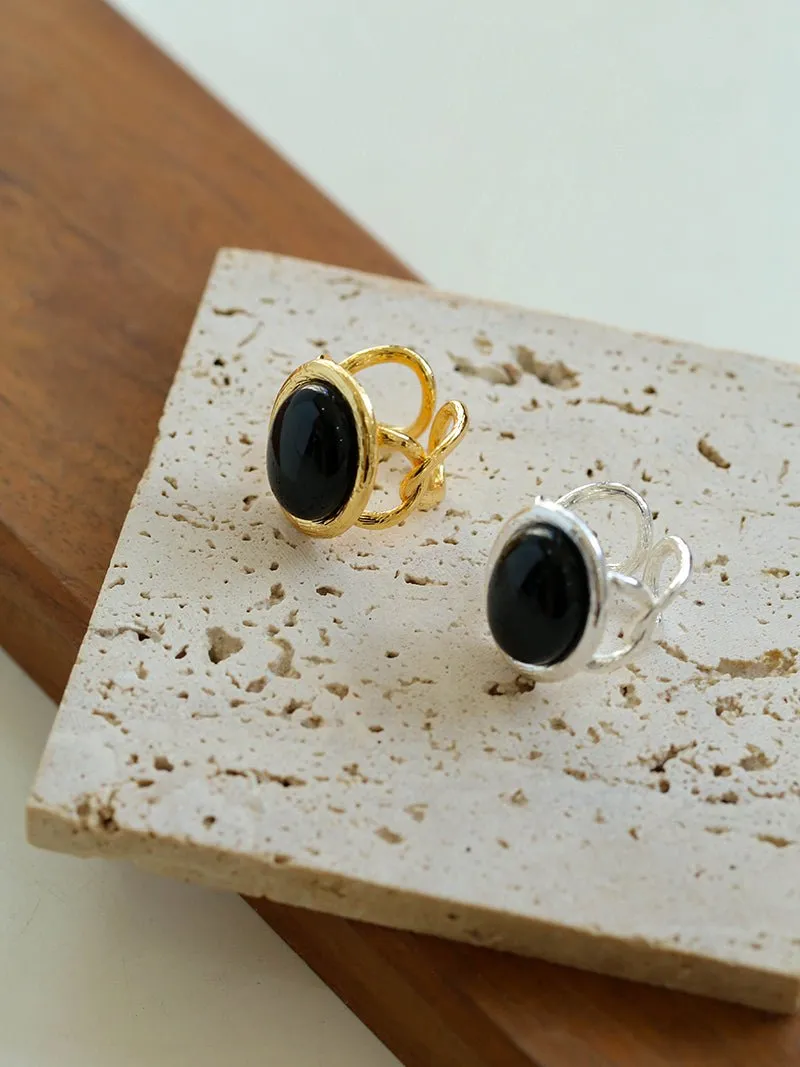 Fashion Oval Black Agate Open Ring