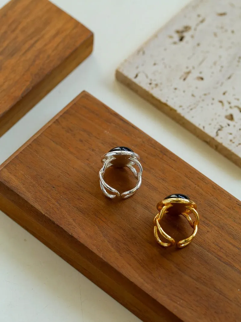 Fashion Oval Black Agate Open Ring