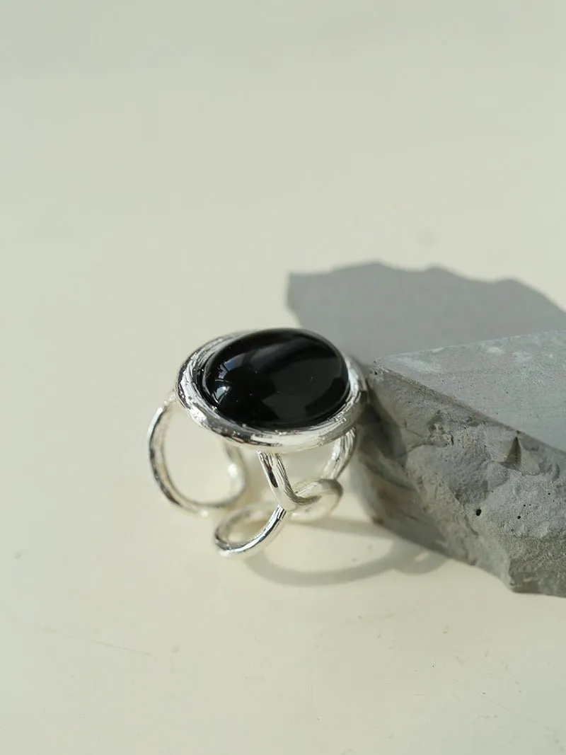 Fashion Oval Black Agate Open Ring
