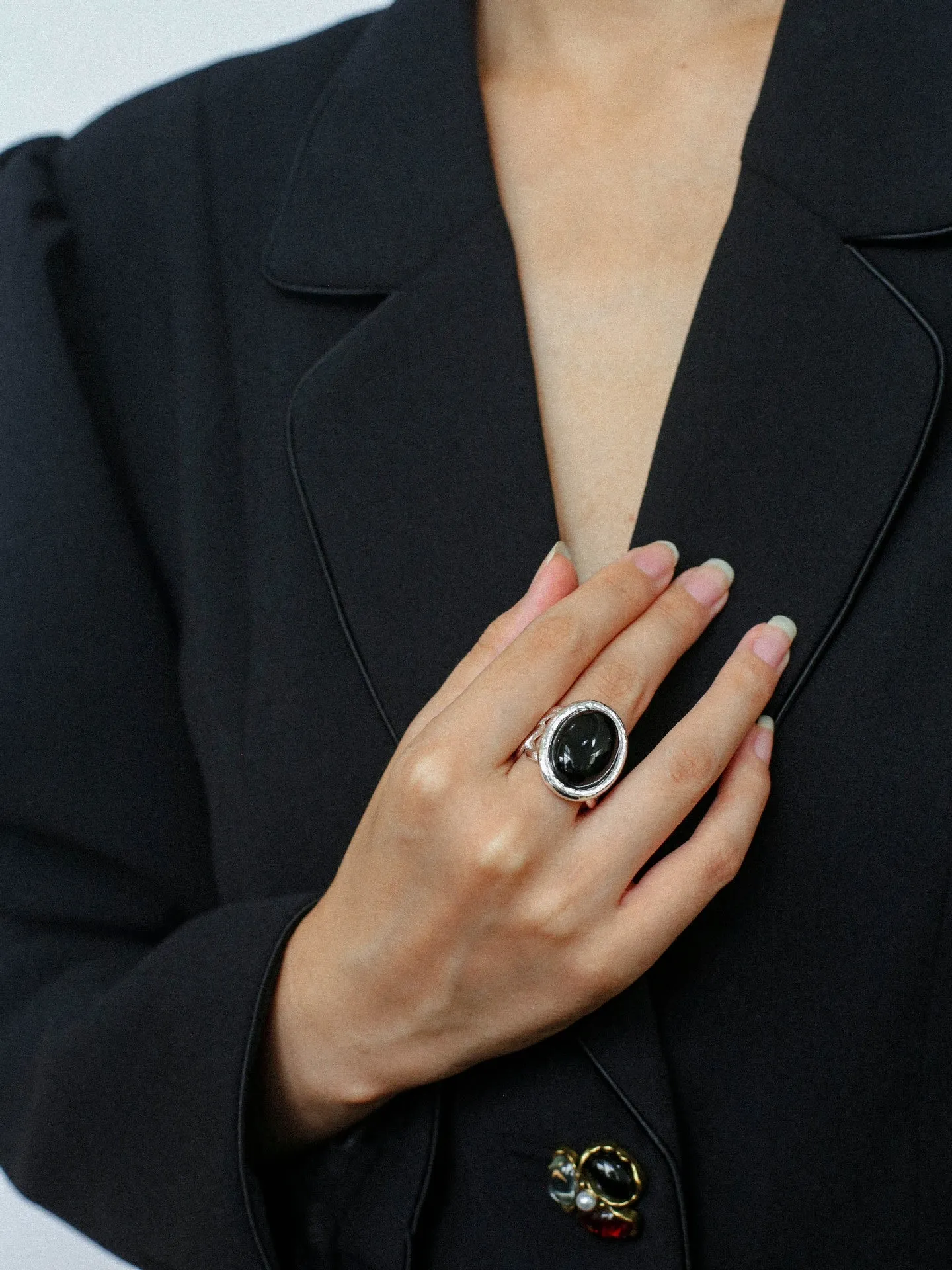 Fashion Oval Black Agate Open Ring