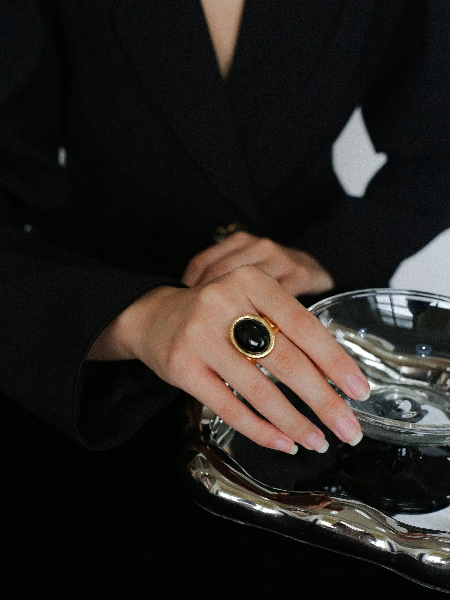 Fashion Oval Black Agate Open Ring