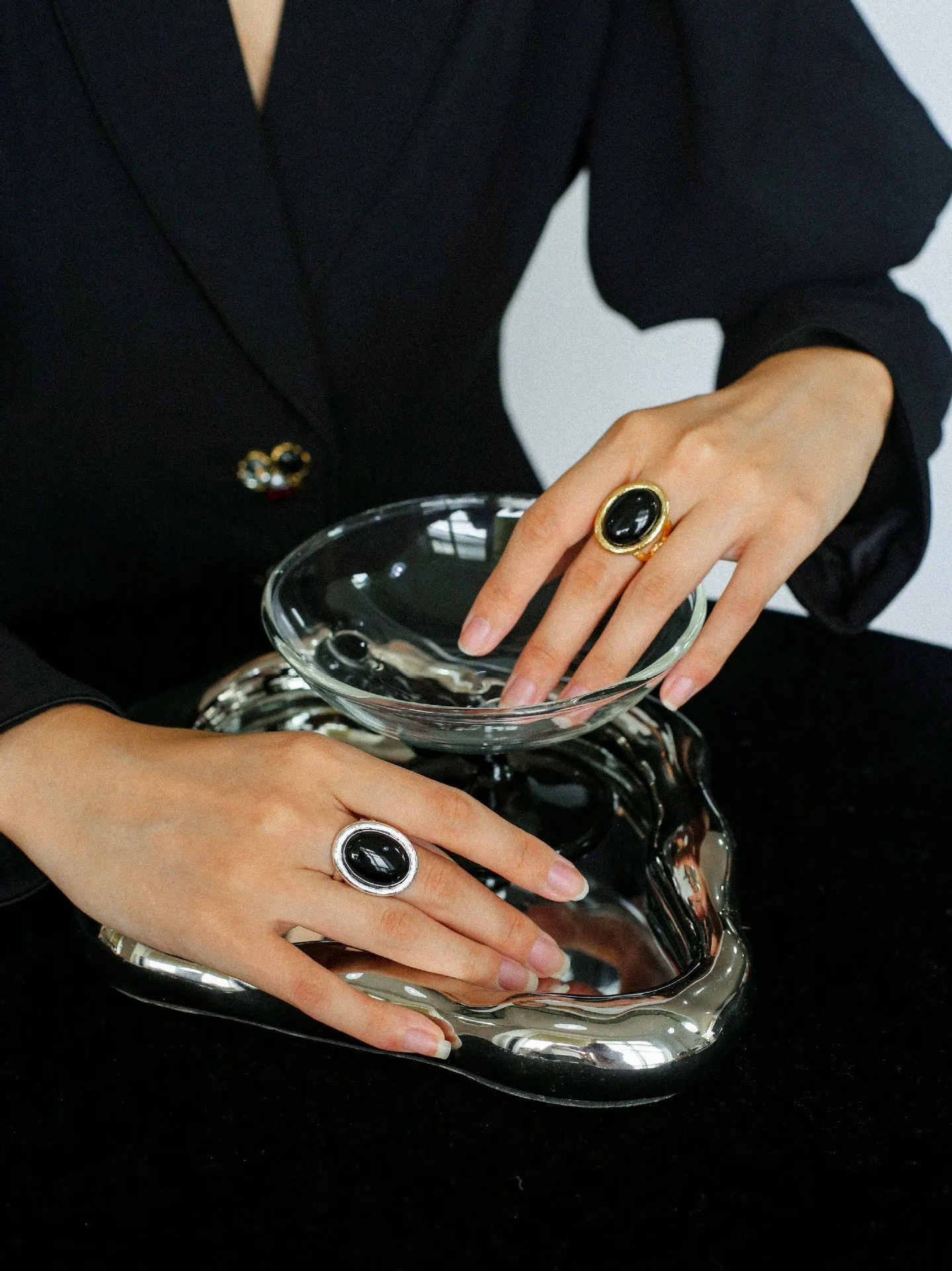 Fashion Oval Black Agate Open Ring