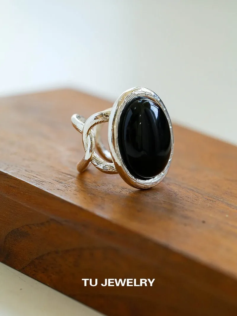Fashion Oval Black Agate Open Ring