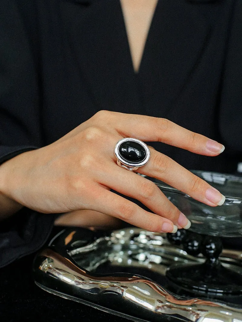 Fashion Oval Black Agate Open Ring