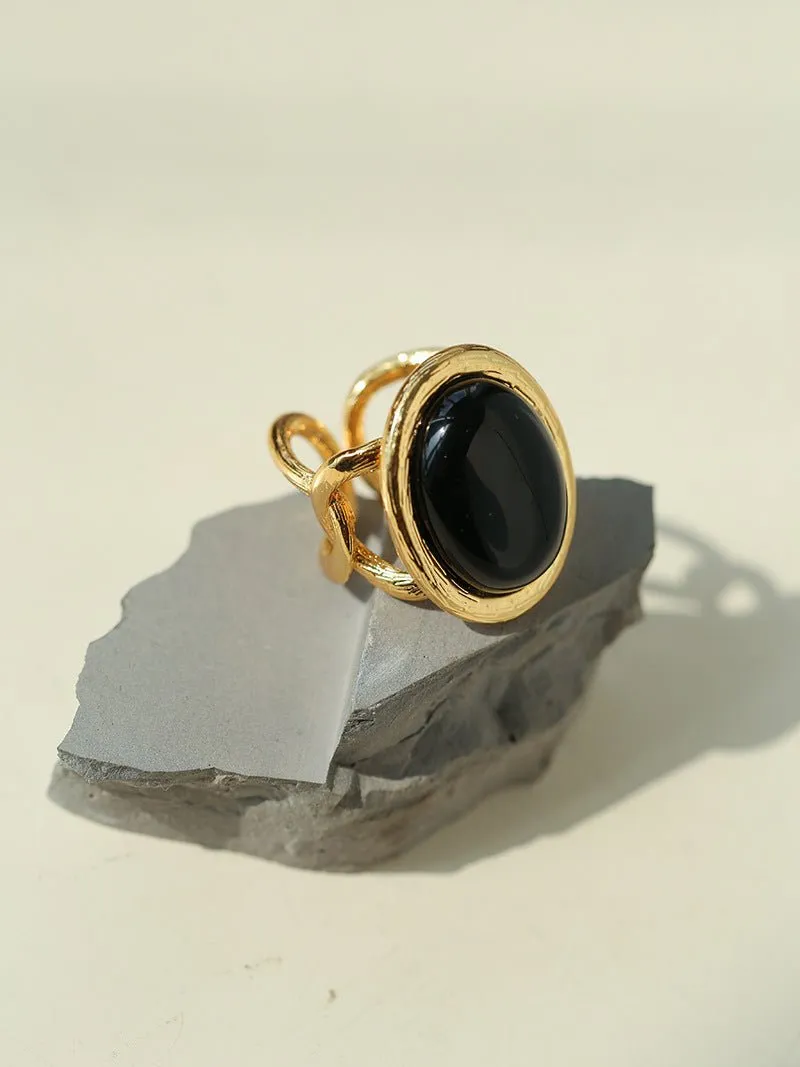 Fashion Oval Black Agate Open Ring