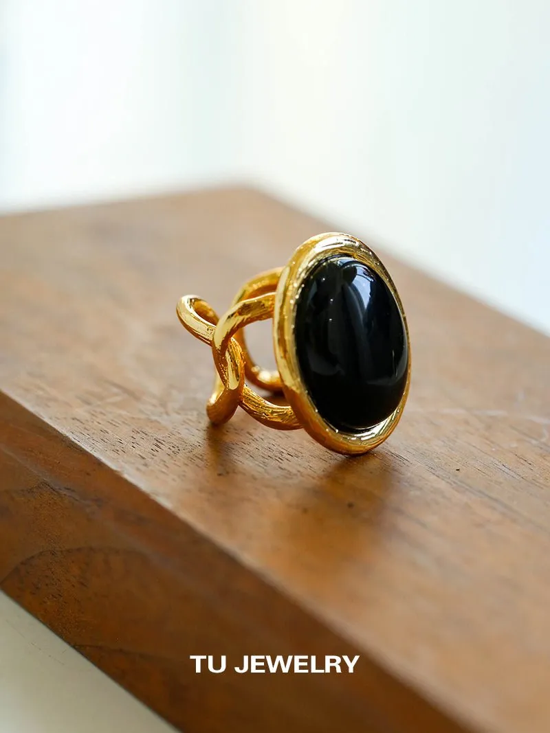 Fashion Oval Black Agate Open Ring