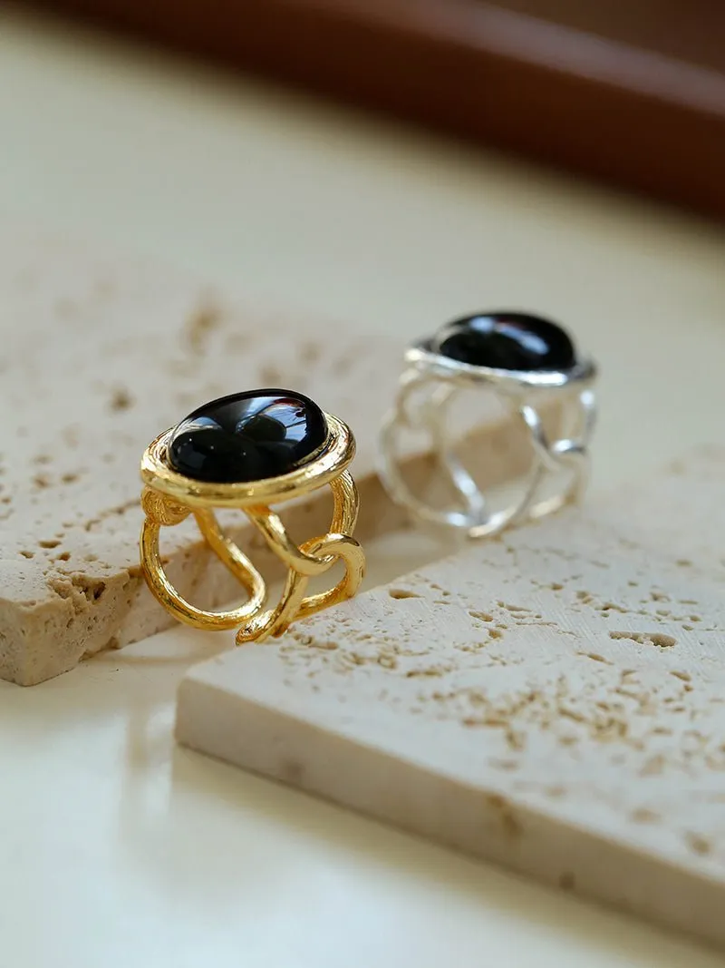 Fashion Oval Black Agate Open Ring