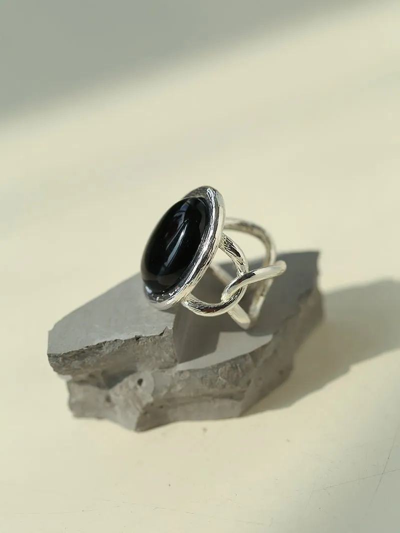 Fashion Oval Black Agate Open Ring
