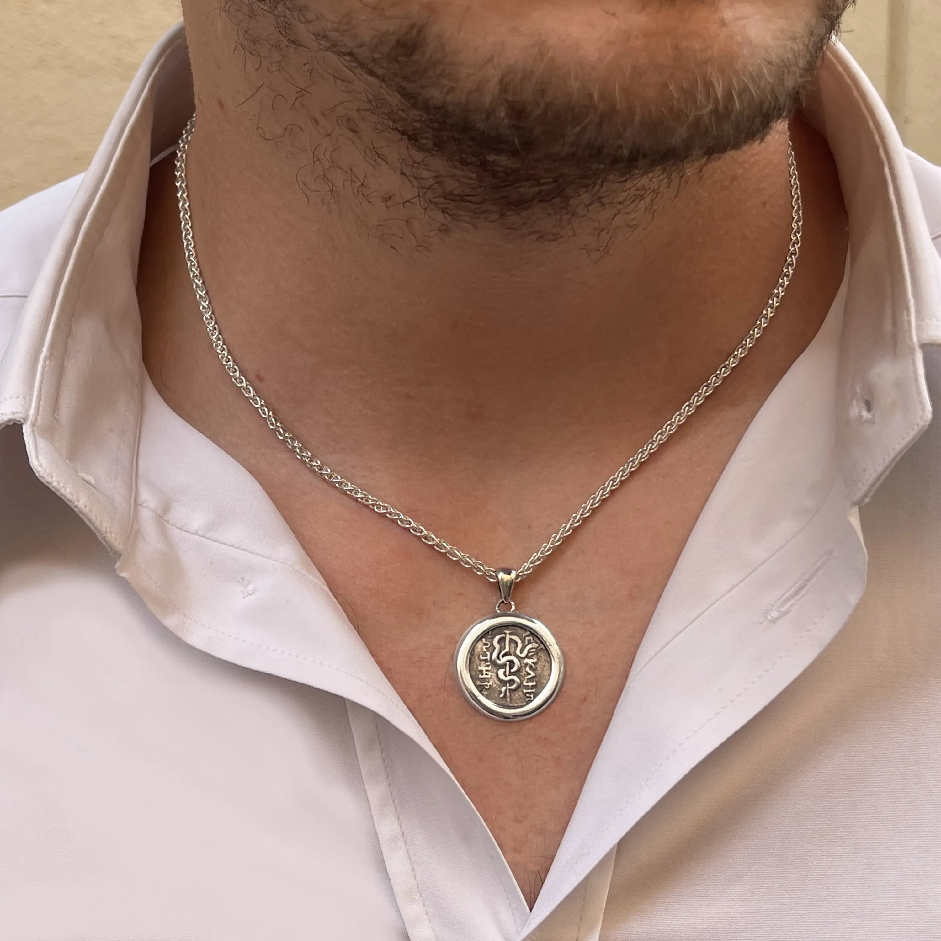Genuine Ancient Greek Coin 130 BC Silver Pendant depicting the rod of Asclepius, symbol of the medical profession