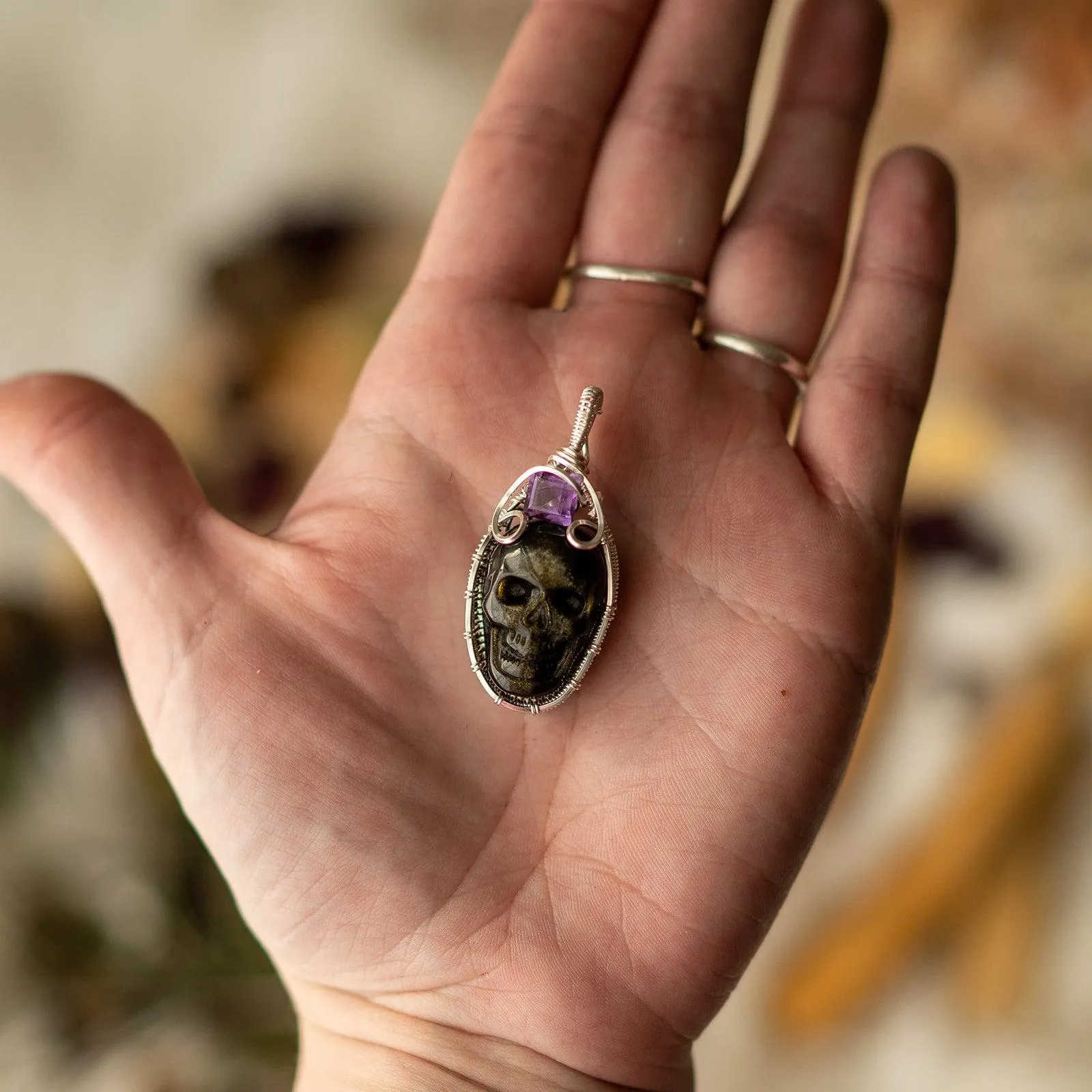 Golden Sheen Obsidian Skull~ Wire Wrapped Pendant with Amethyst Accents~