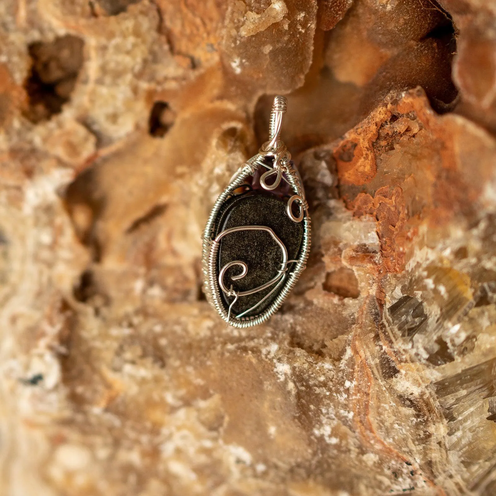Golden Sheen Obsidian Skull~ Wire Wrapped Pendant with Amethyst Accents~