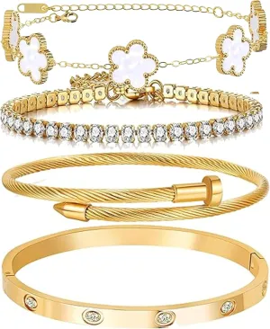 Lamdo 18K Gold Plated Womens Stackable Floral Gold Clover Bracelets Set Love Bangle Bracelets Non Tarnish, Gold Bracelet Set Trendy Jewelry,Gifts for Women's Day and Mother's Day