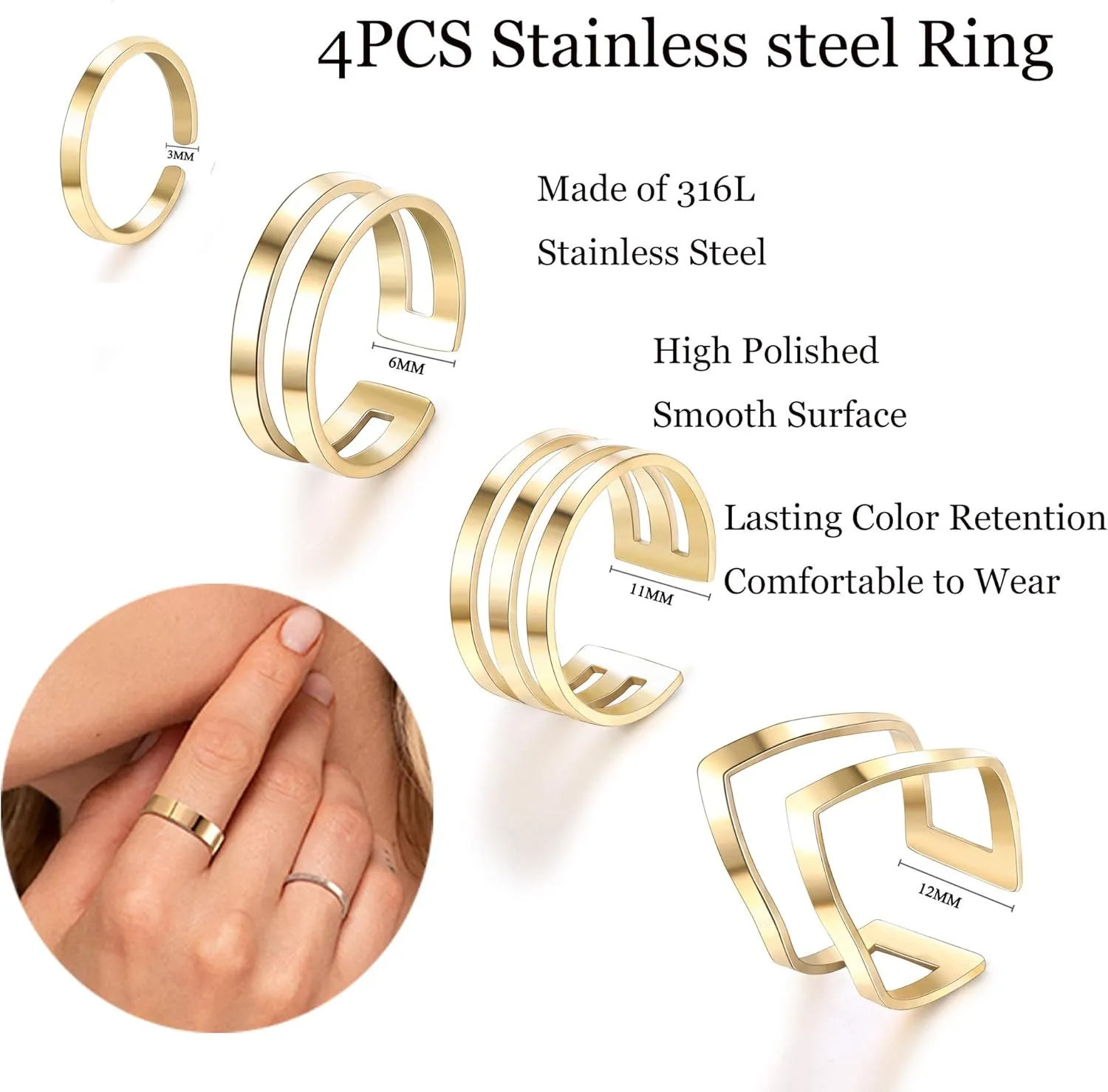 LOYALLOOK 4Pcs 316L Stainless Steel Stackable Knuckle Midi Rings for Women's Minimalist Chevron V Ring Line Adjustable Nail Thumb Ring Set