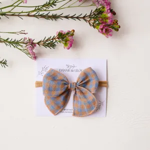 Mini Whimsy Hair Bow in Blue & Peach Gingham Linen