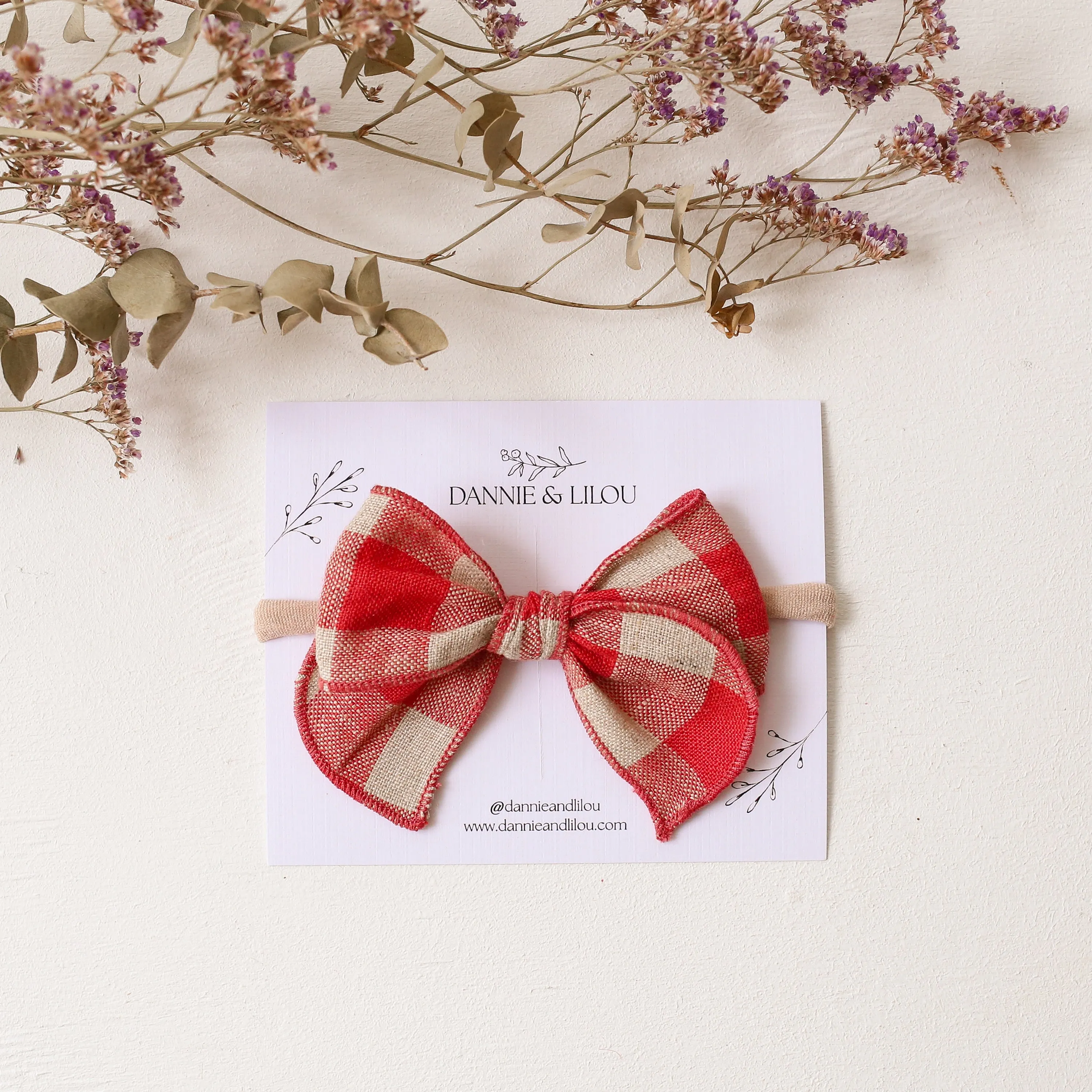 Mini Whimsy Hair Bow in Cherry Check Linen
