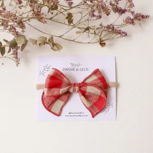 Mini Whimsy Hair Bow in Cherry Check Linen