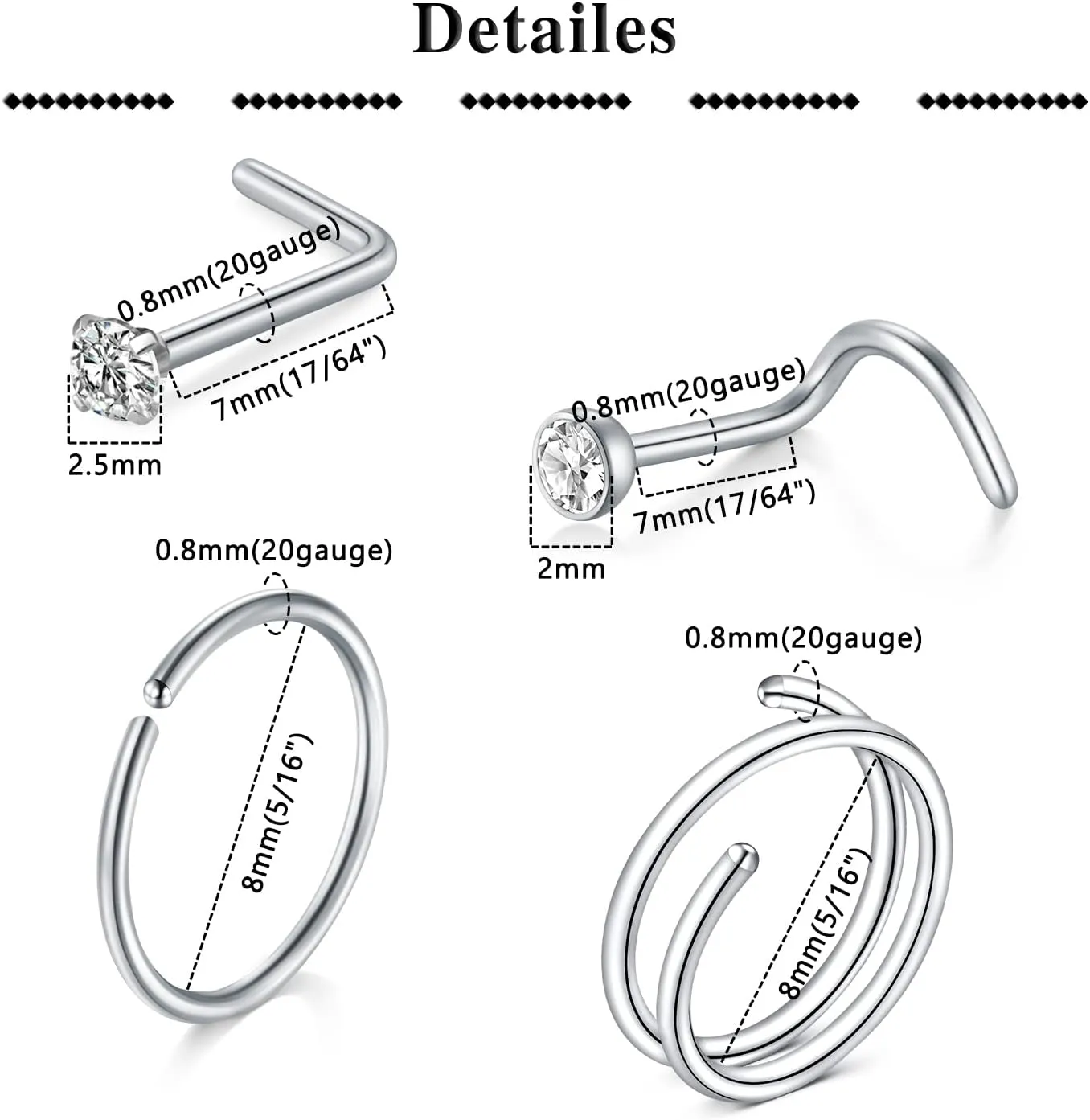 QWALIT 18g & 20g Nose Rings & Hoops - L & C Shape Studs - Surgical Stainless Steel & Silver Nose Piercing Jewelry - Rose Gold & Black - For Women & Men