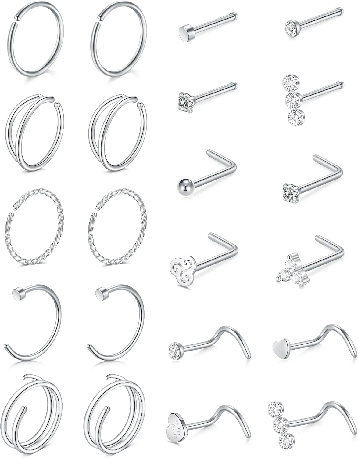 QWALIT 18g & 20g Nose Rings & Hoops - L & C Shape Studs - Surgical Stainless Steel & Silver Nose Piercing Jewelry - Rose Gold & Black - For Women & Men