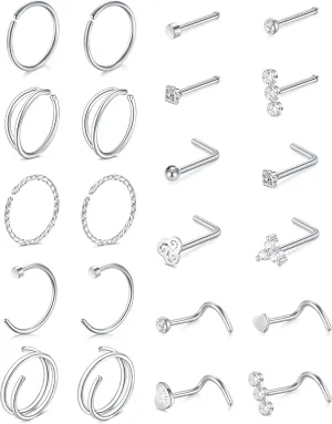 QWALIT 18g & 20g Nose Rings & Hoops - L & C Shape Studs - Surgical Stainless Steel & Silver Nose Piercing Jewelry - Rose Gold & Black - For Women & Men