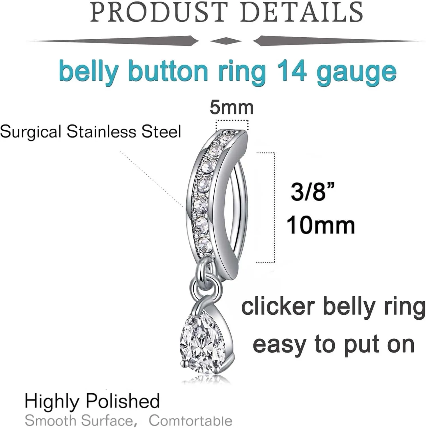 QWALIT Belly Rings - Short Bar Belly Button Rings in Surgical Steel with Opal Stones - 6mm & 10mm