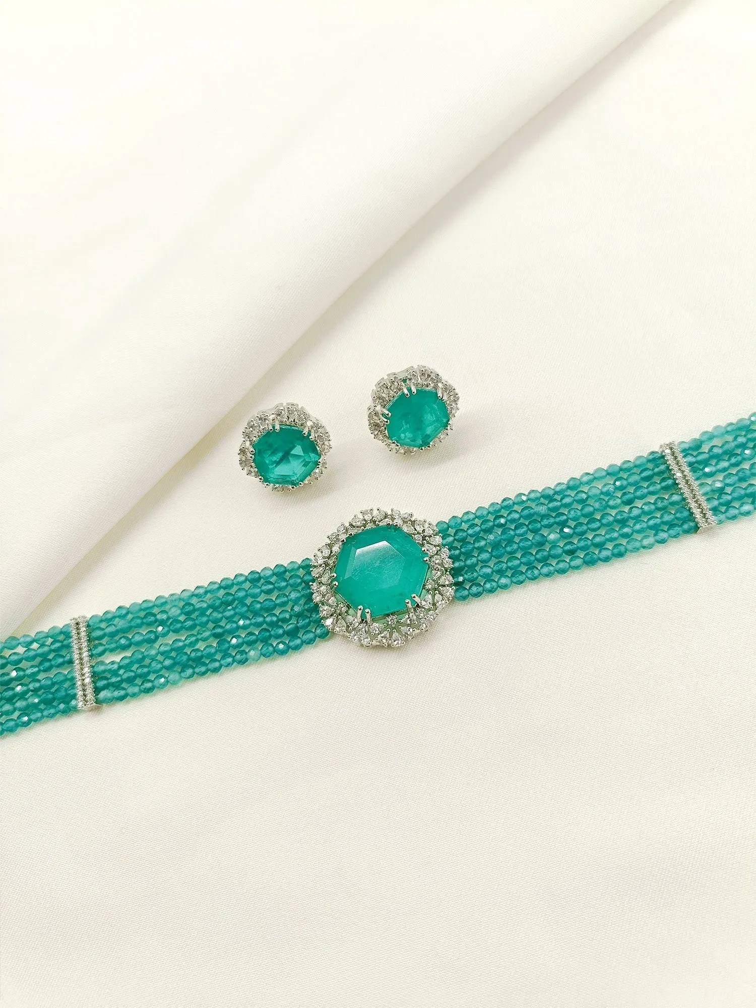 Shravani Green American Diamond Choker Set