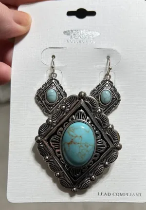 Silver Western Turquoise Pendant and Earrings