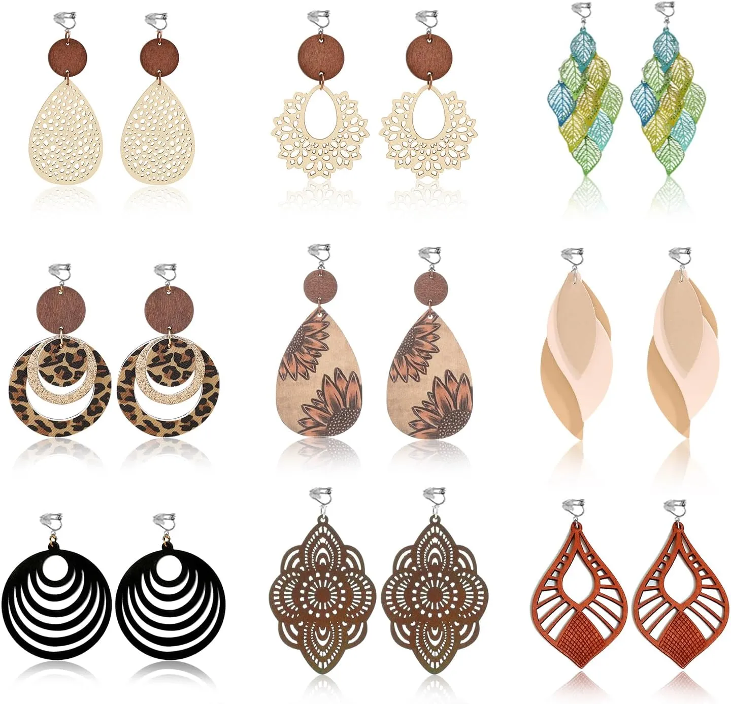 Vintage Dangle Earrings Clip on Earrings Women, 2 Options for Piercing Ears & Non-pierceing Ears, Bohemian Boho Earrings Geometric Wooden Jewelry African Earrings for Black Women